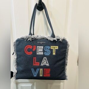 Karl Lagerfeld Blue Denim Tote Bag with Colorful Lettering - C’est La Vie - NWT